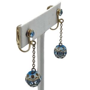 Vintage drop earrings gold tone blue rhinestones and disco ball costume jewelry